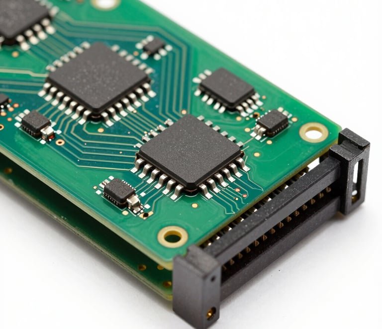 Macro product photography of a green circuit board with integrated circuits inserted into an original retro console slot, bright industrial studio lighting, sharp focus on the contact pins.